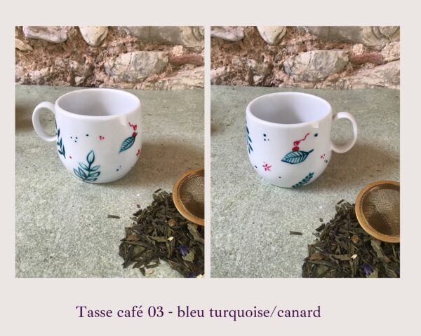 Tasse café en porcelaine limoges peinte à la main par jeym. Ventre drop collection bleue pour combat contre cancer. Couleur turquoise